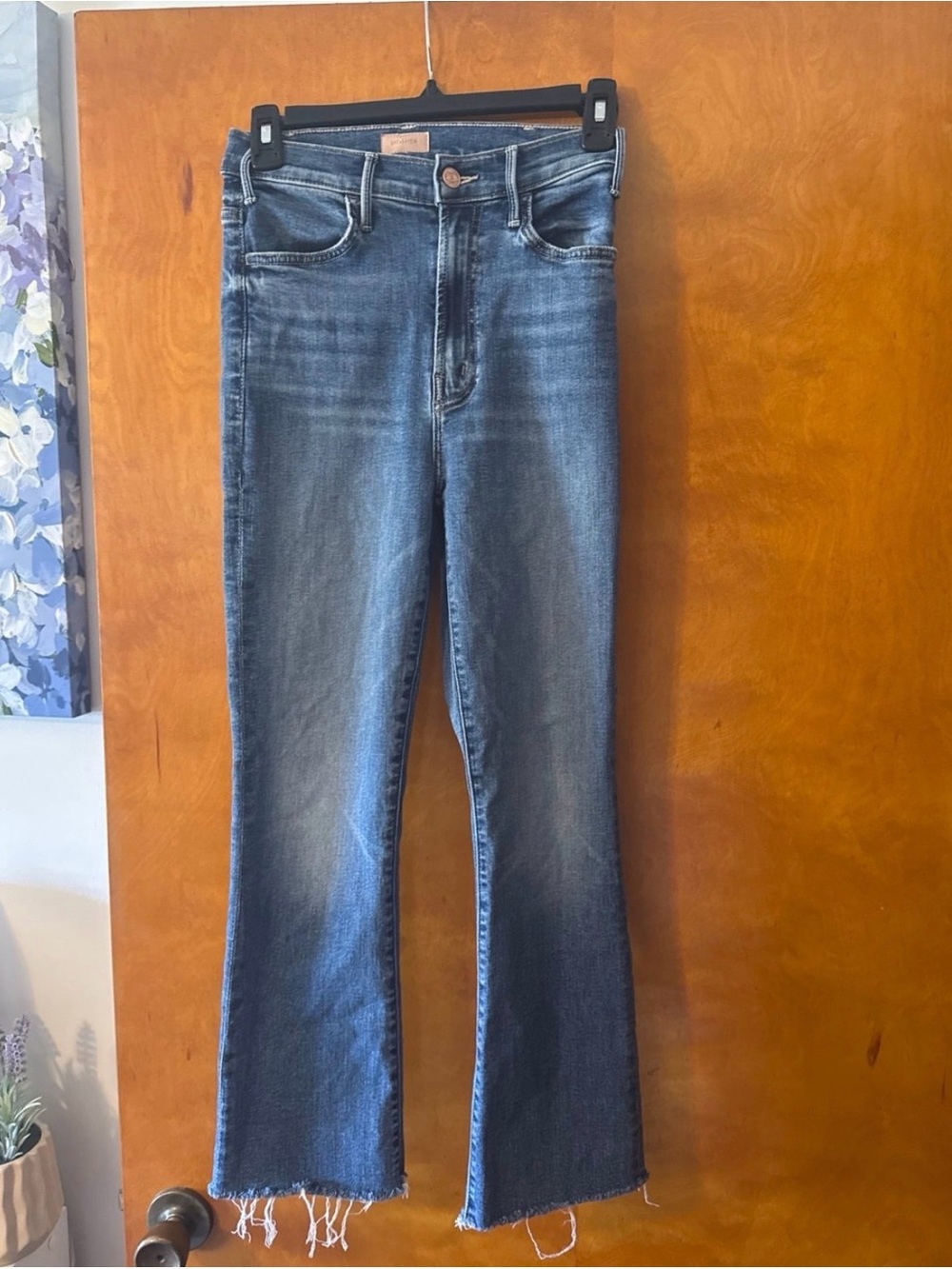 MOTHER Blue High-Rise Flare Jeans with Raw Hem